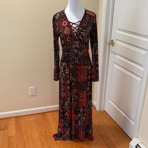 Veronica M Red and Brown Bohemian Maxi Long Sleeve Dress with a lot of stretch